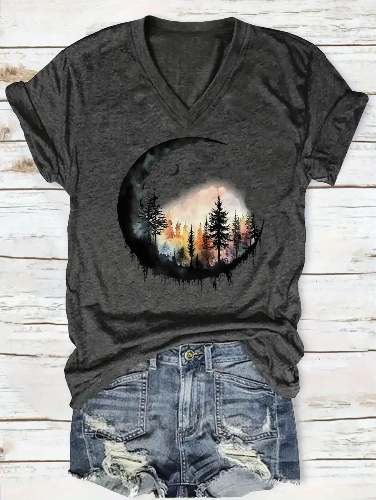 

Plus size women's short sleeve T-shirt Forest Moon Landscape Sunset Trees Everyday comfortable and versatile style summer