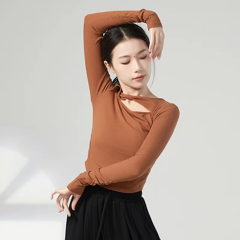 Volwassen Slim Fit Key Hole Ruches Front Buikdans Blouse Lange Mouw Crop Top Kostuum Voor Vrouwen Danskleding Kleding