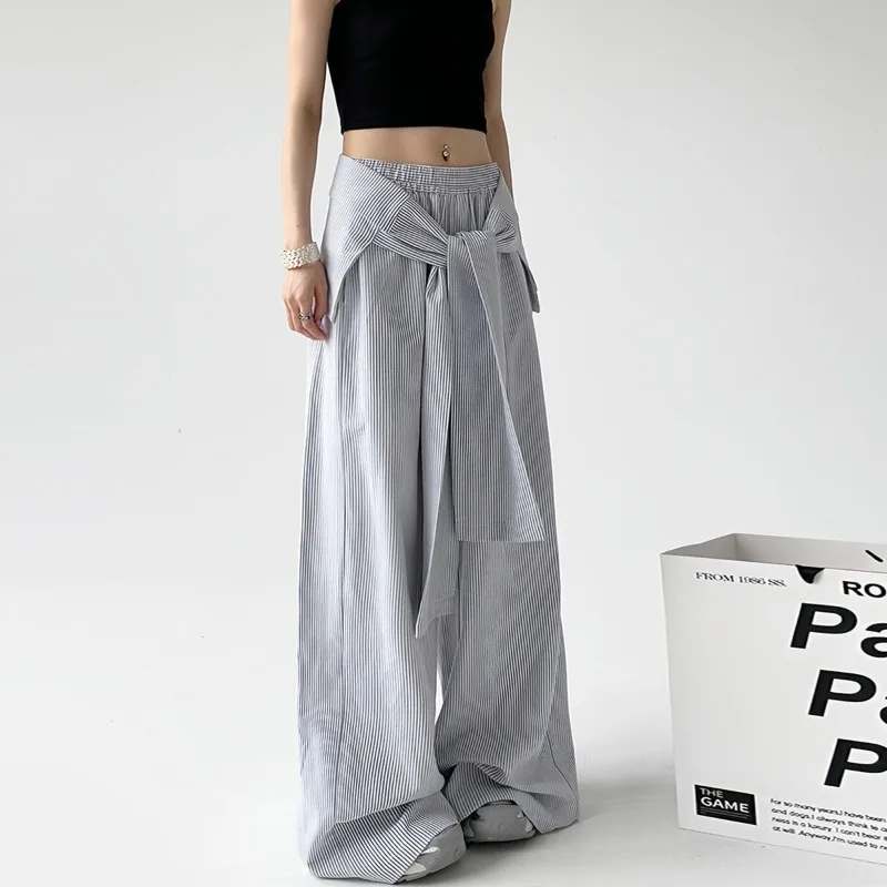 

Striped Casual Pants Women's 2026 New Strap Waist Seal Loose Straight Wide-leg Pants Design Sense Mopping Pants Two-piece Set