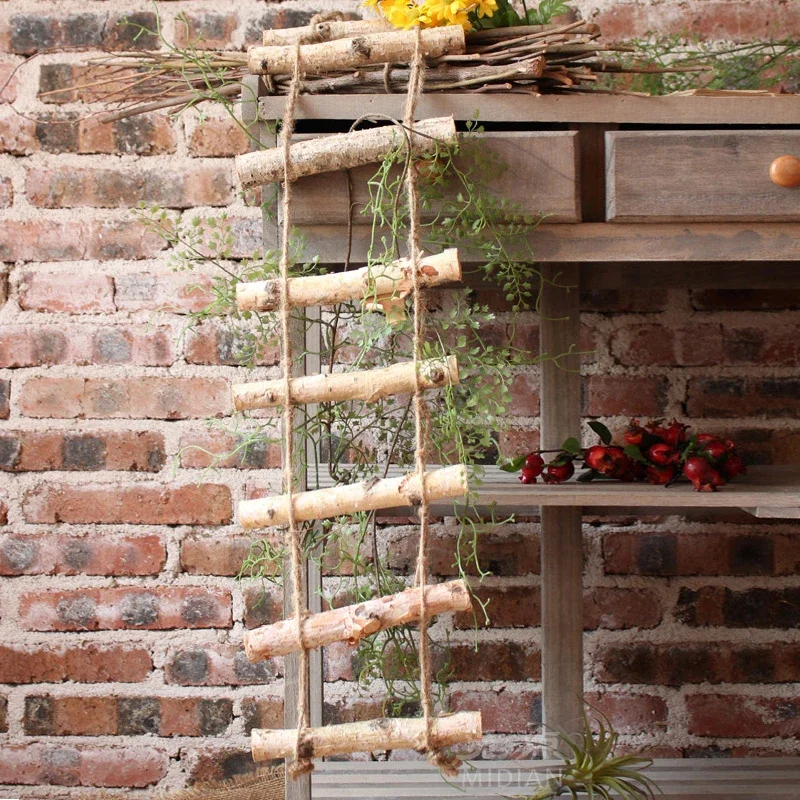 Rustic Natural Wood Wall Hanging Ladder, Birch Wood Hemp Rope Garden Decoration, Climbing Plant Stand, Wood Ladder