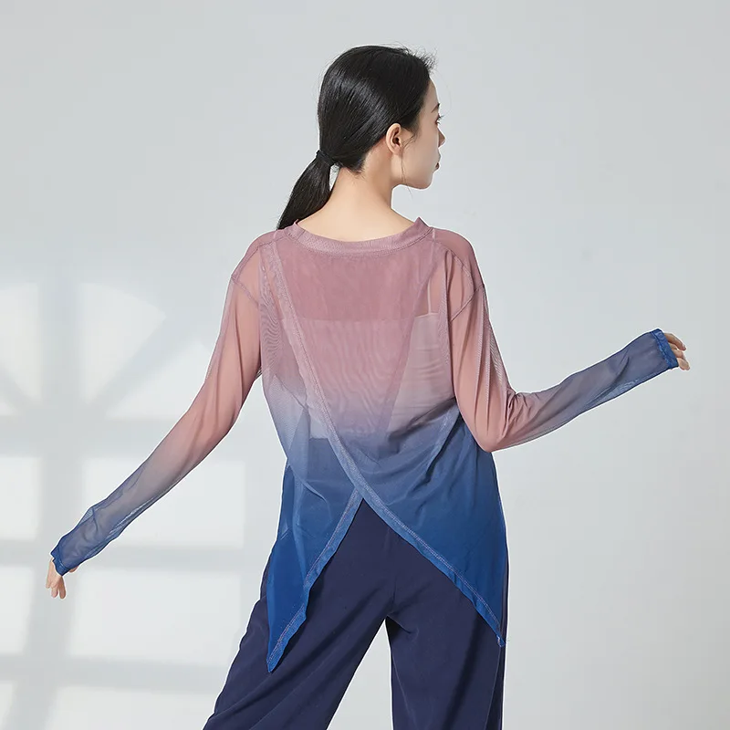 Gauze Top Sheer Flowy Body Rhyme Stretch Mesh Blouse Gradient Split Folk Dancer Shirt Long Sleeve 2 Colors Basic Wear Thumb Hole