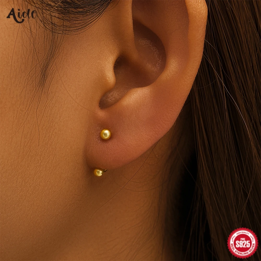 Aide 925 Sterling Silver Double Beads Two Ways To Way Piercing Stud Earrings For Women 18K Gold Simple Elegant Jewelry Pendient