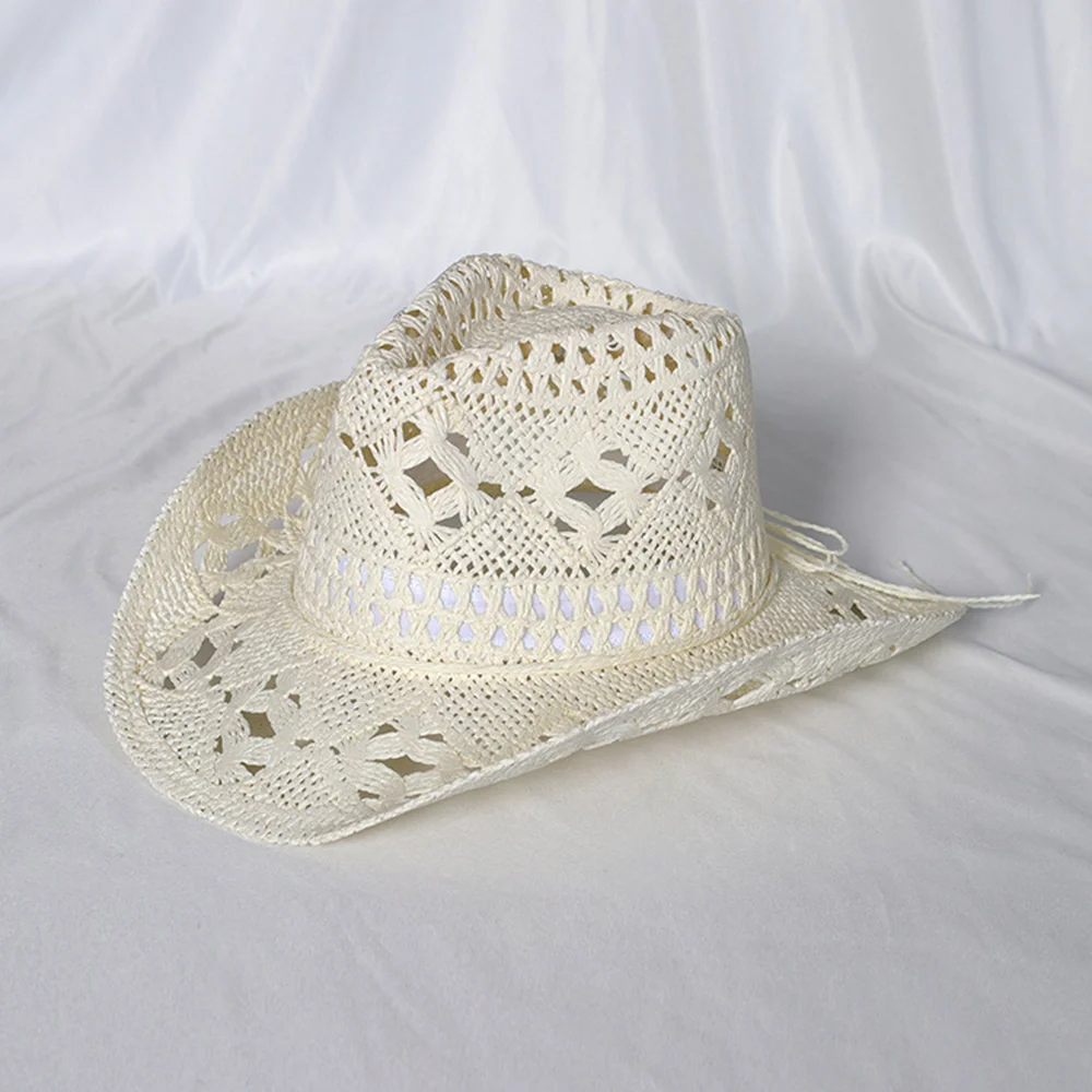 Summer Beach Party Cowboy Hat For Women Wide Brim Cowboy Straw Hat Fashion Music Festival Elegant Hollow Out Sun Cap Headwear