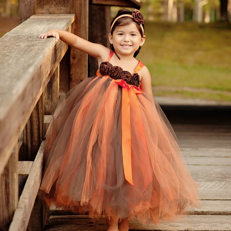 Girls Halloween Tutu Dress Kids Orange Coffee Tulle Dress Ball Gown with Flower Headband Children Birthday Party Costume Dresses