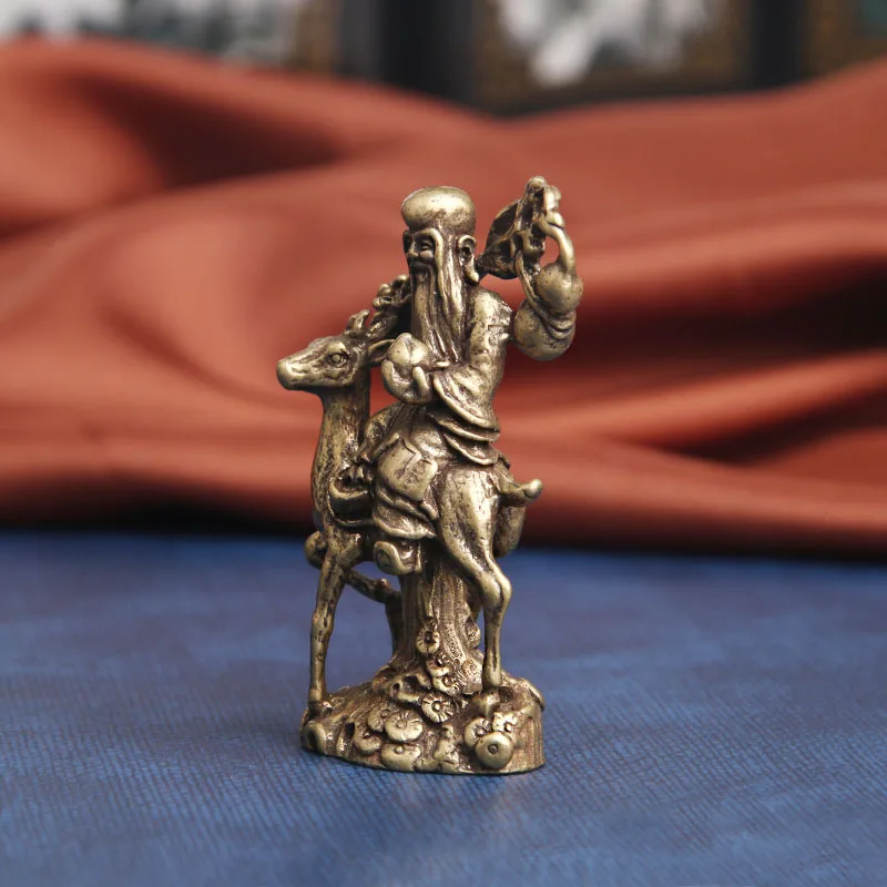 Pure Brass Antarctic Immortal Desktop Ornament Fortune and Prosperity Riding Deer Longevity Buddha Statue Blessing Decoration Ol