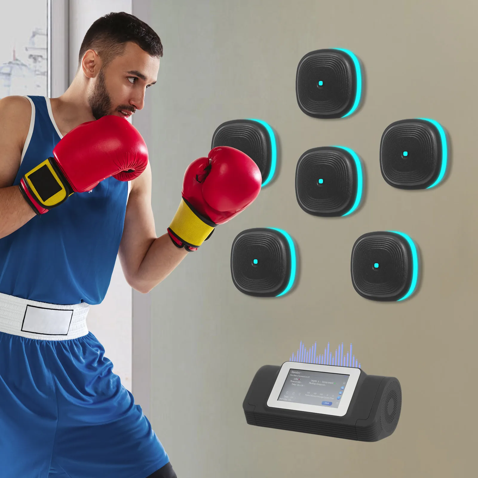 

Wall Mounted Music Boxing Machine 6 Targets Bluetooth Smart Boxing Trainer 10 Modes LED Light Rechargeable Punching Pad for Home Fitness