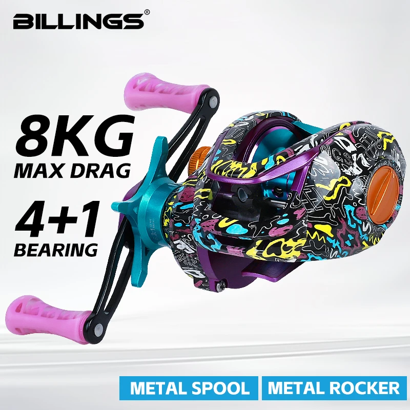 BILLINGS Baitcaster Reel,6.3:1 Gear Ratio Baitcasting Fishing Reel,Max Drag 8KG,Metal Spool&Rocker,For Freshwater Saltwater
