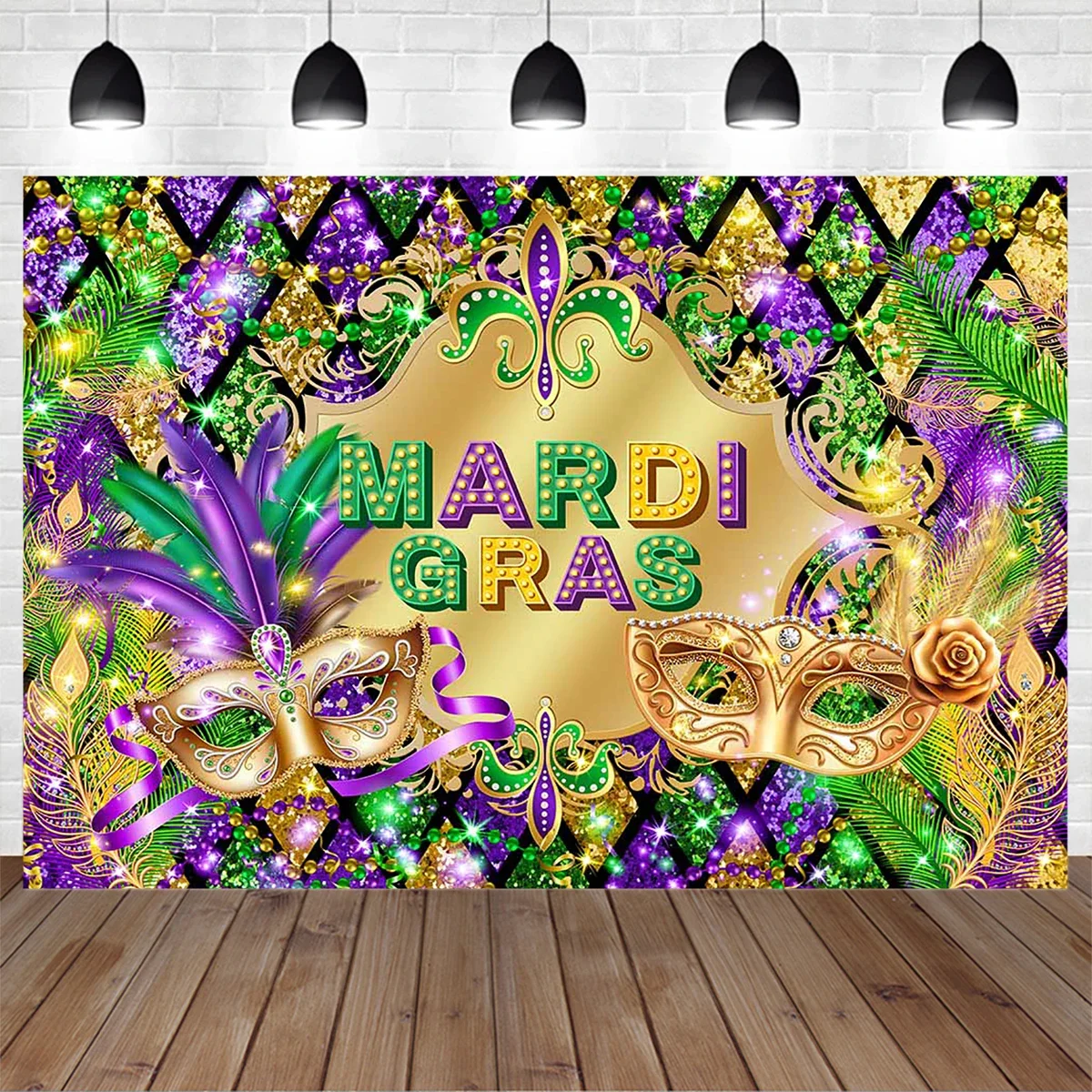 Maldi Gra Music Carnival Decoration Photography Background Golden Mask Prom Feather Shining Backdrop Adult Festival Party Photo