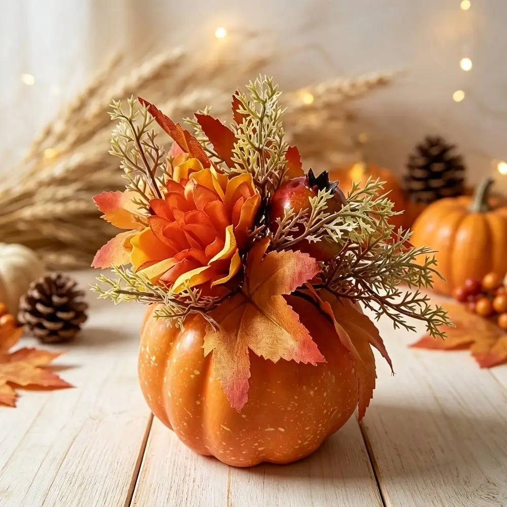 2pcs Artificial Pumpkins With Flowers Fake Foam Pumpkins Autumn Fake Pumpkins Model For Bedroom Shelf Porch Wedding Autumn-Themed Harvest Season, Thanksgiving, And Halloween Party Home Decor Table Centerpiece