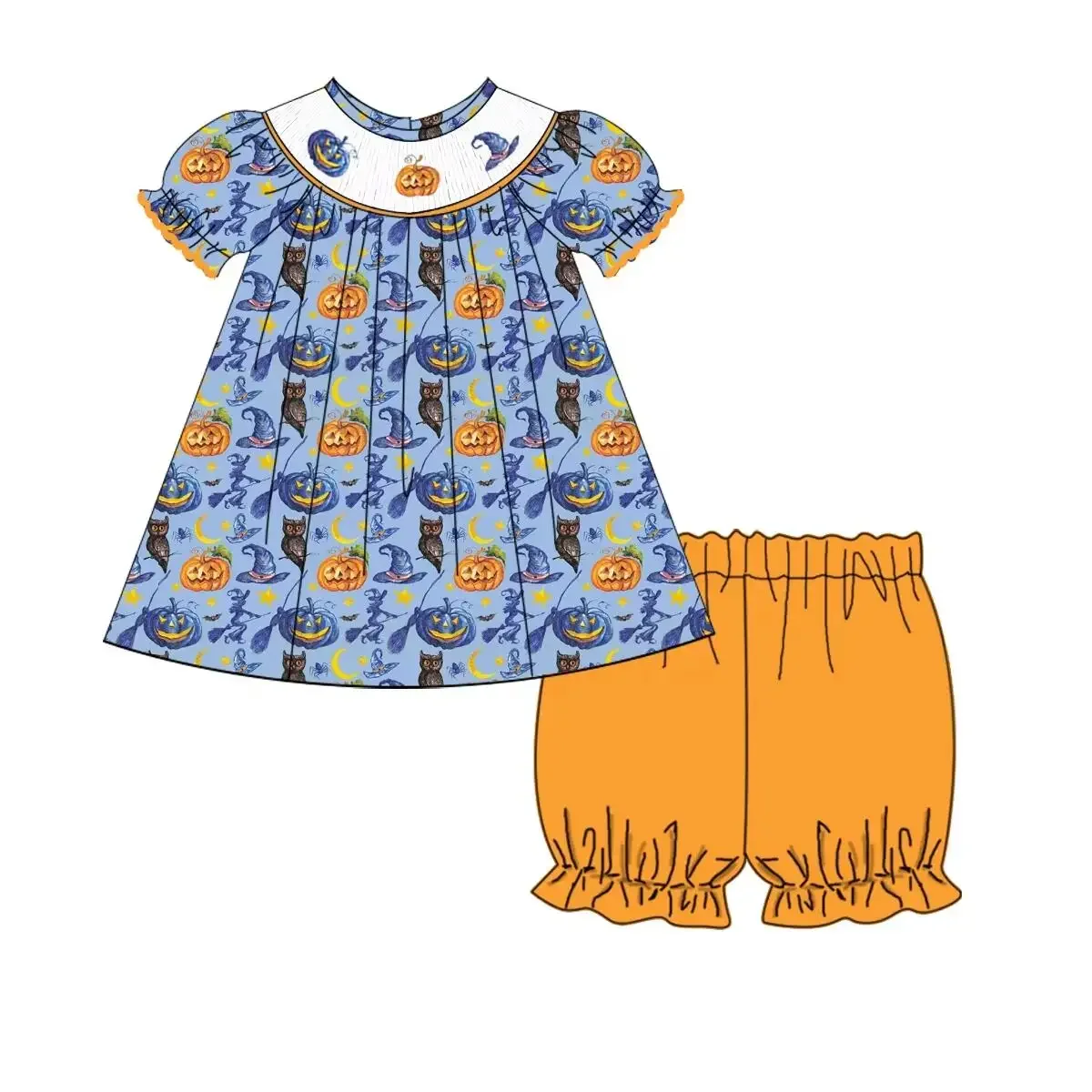 

Halloween boutique children set short-sleeved elasticated pumpkin printed shorts girl boy shorts set baby romper dress blanket