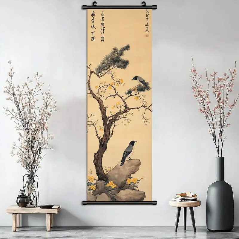 VIKAMA Chinese Bird Flower Wall Hanging Traditional Scroll Painting Art For Bedroom Living Room Aesthetic Background Home Decor