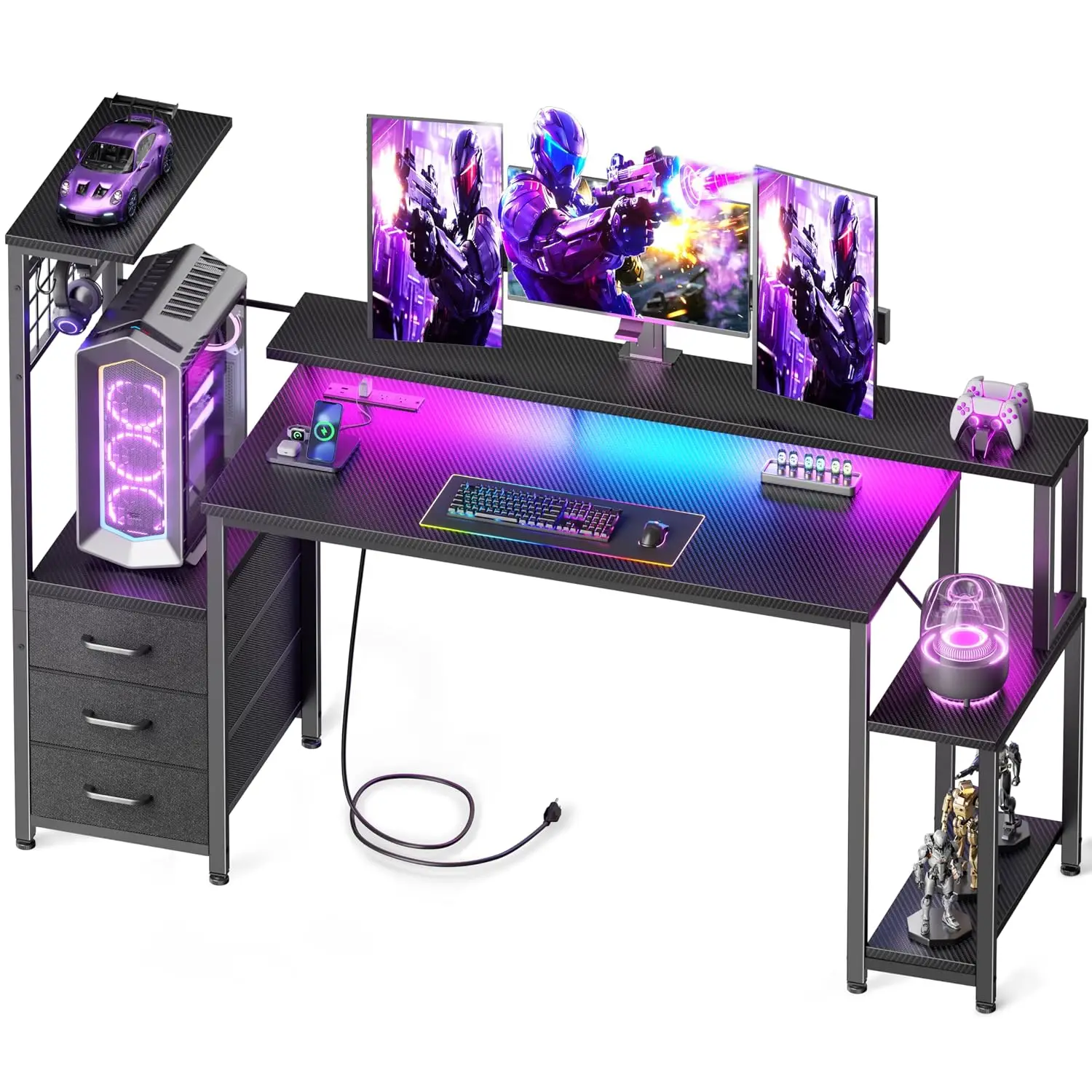 55 Inch Gaming Desk with LED Lights & Power Outlets, Fabric Drawers, Monitor Stand for Game Room & Office, Black, Customized