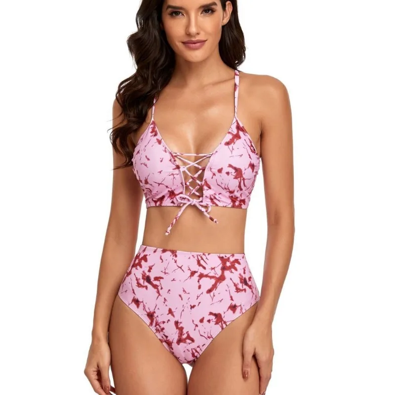 Bañador Sexy con estampado de tinta para mujer, traje de baño con correa en el pecho, Bikini con abertura en V profunda, cintura alta, Espalda descubierta, ropa de playa ajustada