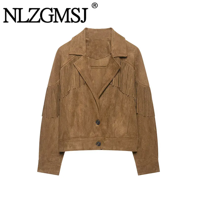 NLZGMSJ Casual Chic Women Suede Tassel Jackets Solid Single Breasted Long Sleeve Short Coats Fashion 2026 Autumn Jackets