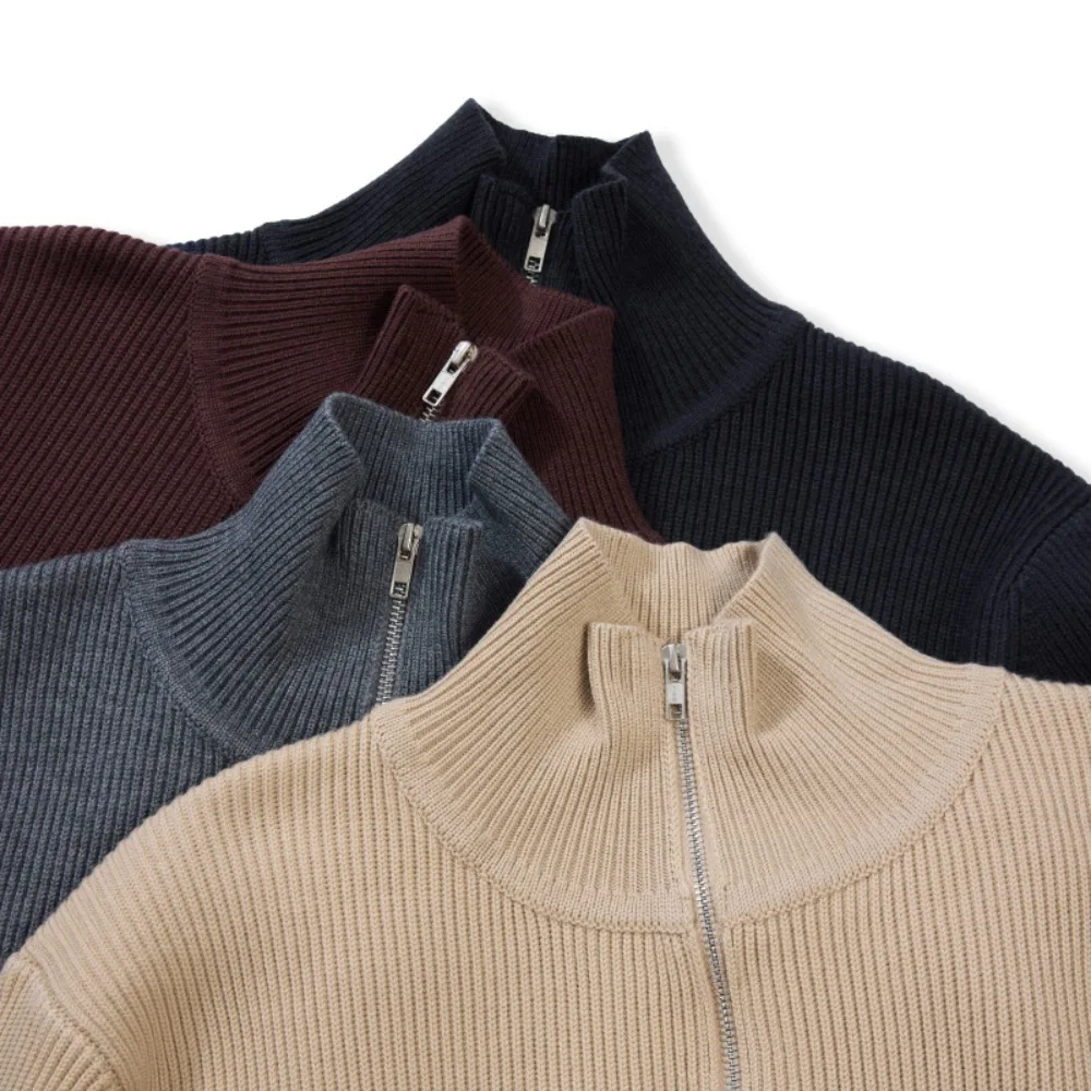 

Новый зимний мужской плетеный кардиган с двойной молнией, шерстяная куртка с толстыми лацканами, кардиган, вязаный свитер с воротником-стойкой