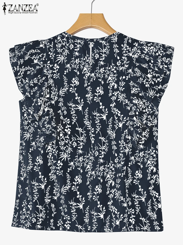 ZANZEA 2023 Sommer Frauen Tunika Bluse Kurzarm Rüschen Shirts Fashion Floral Gedruckt Casual Tops Lose Böhmischen Blusas Femme