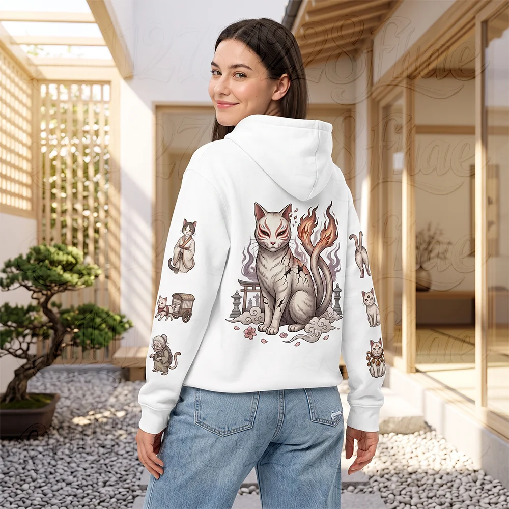 Women's Funny Cat Graphic Hoodies Vintage Harajuku Long Sleeve Warm Sweatshirts Cute Aesthetic Autumn Winter Halloween Pullover
