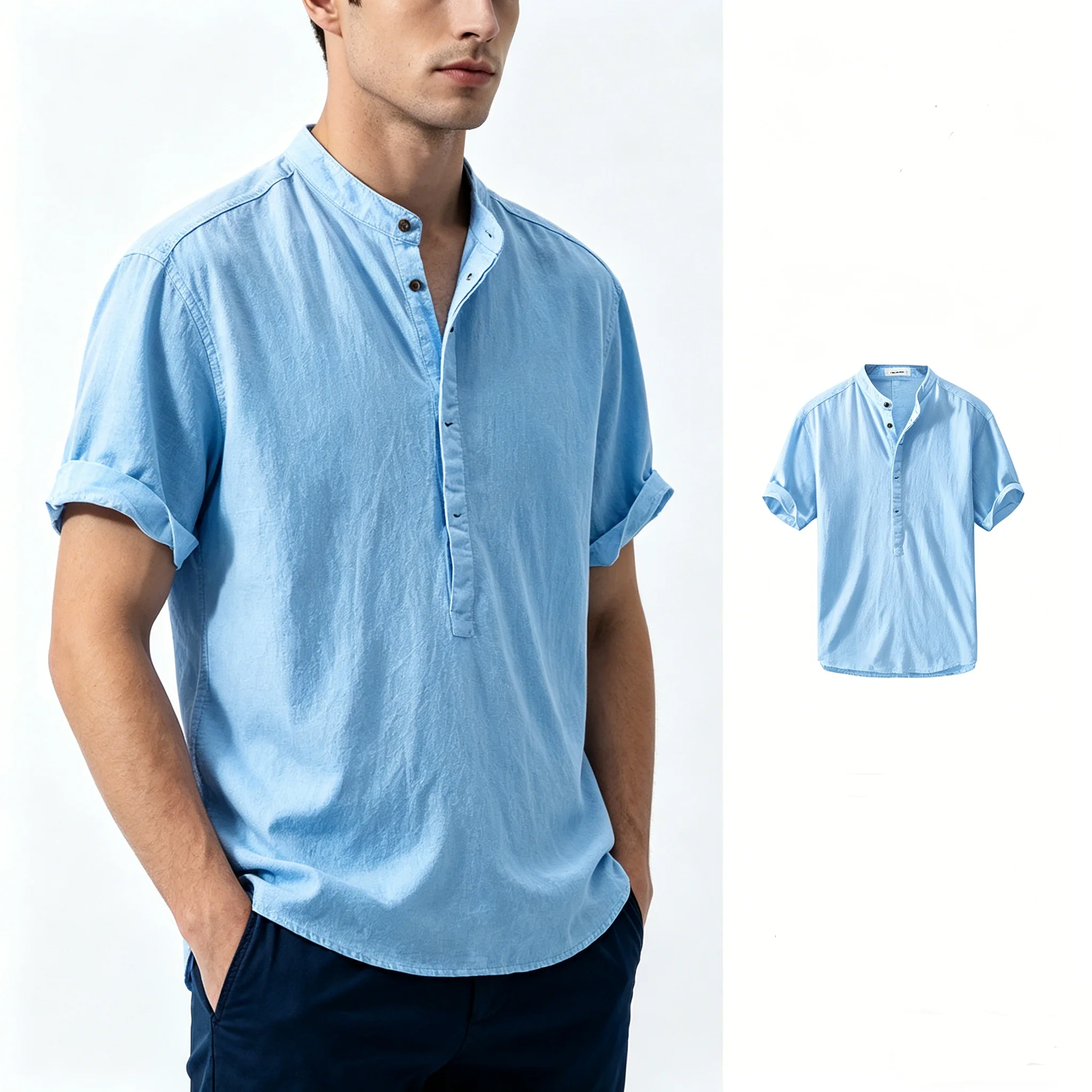 

Fashion New Cotton Linen Shirts for Men Casual Shirts Lightweight Short Sleeve Henley Beach Shirts Hawaiian T Shirts for Men ﻿