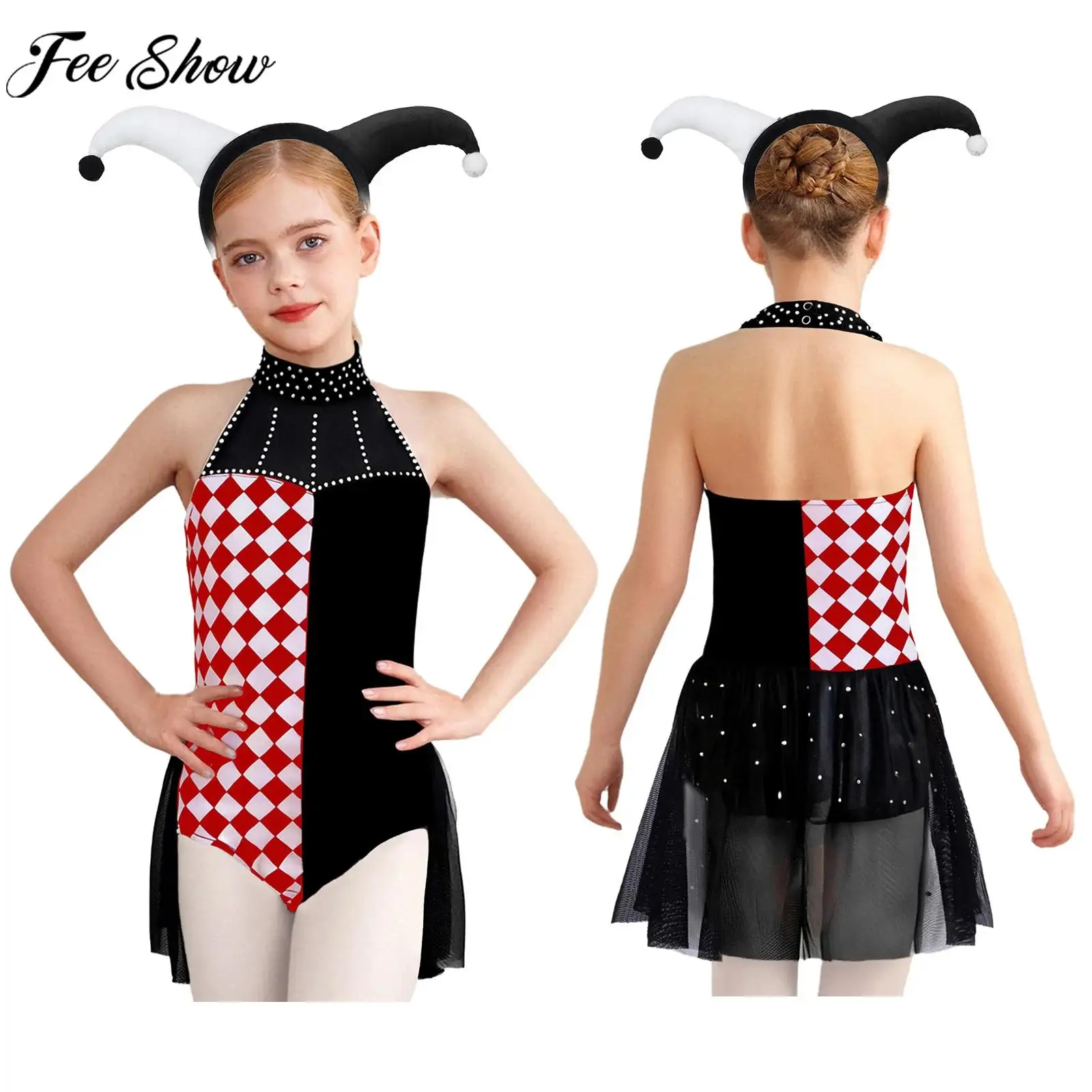 Girls Halloween Carnival Circus Clown Cosplay Performance Costume Sleeveless Rhinestone Mesh Dance Leotard Dress with Headwear