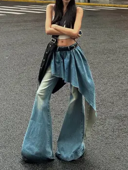 Y2K Avrupa ve Amerikan Retro Yıkanmış Tasarım Ekleme Sahte Iki parçalı Mavi Kot kadın Popüler Gevşek Seksi Çan dipli Pantolon