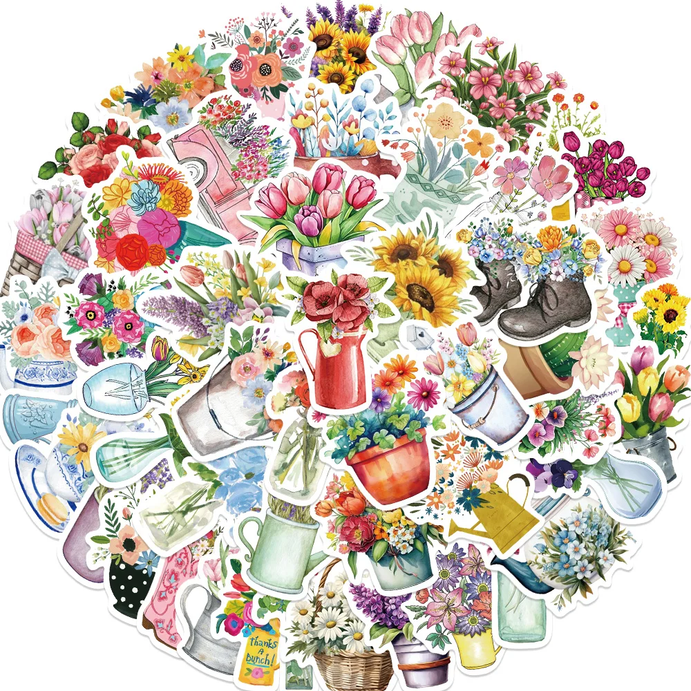 50pcs/pack Ins Flowers Colorful Sticker Aesthetic Laptop Journal Guitar Skateboard Kid Toy DIY Decoration Waterproof Stickers