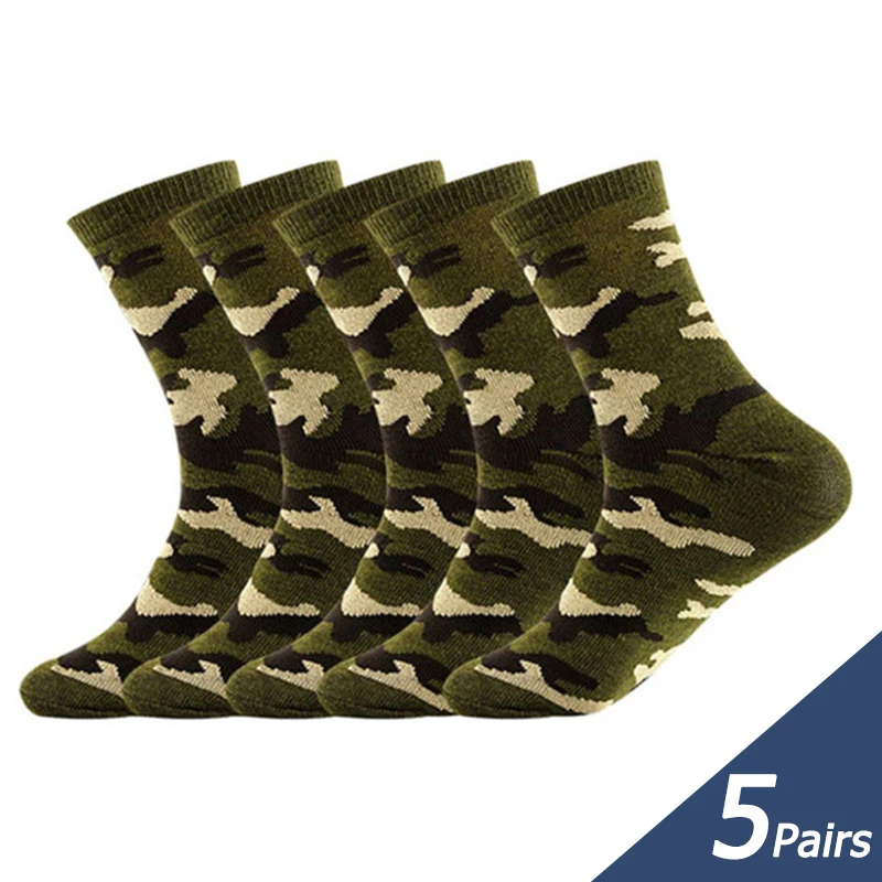 

5 Pairs Spring And Autumn Men High Quality Mid Tube Socks Camouflage Army Green Comfortable Warm Military Thickened Cotton Socks