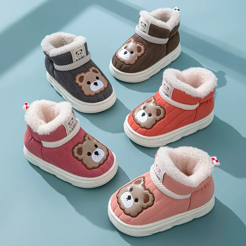 Cartoon Bear Kids Slippers Winter PU Leather Boys Girls Slippers Thick Warm Plush Soft Bottom Children Home Shoes