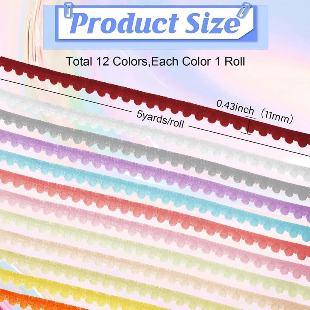 60 Yards 12 Colors Nylon Ball Lace Ribbon Mixed Color 3/8 inch(11mm) 5 yards/color