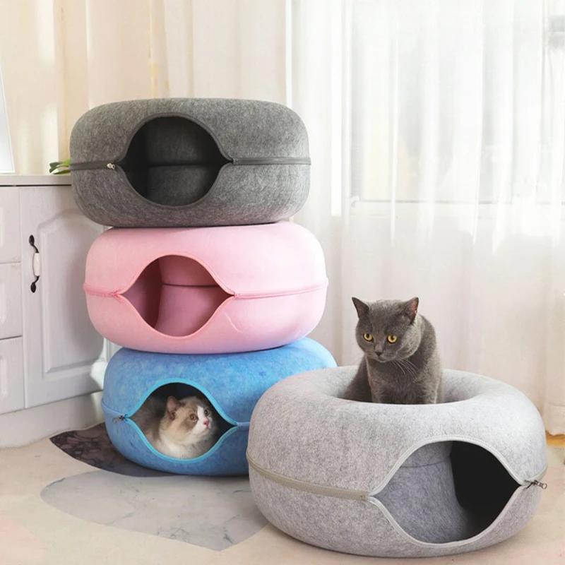 Donut Cat Bed, Pet Cat Tunnel Toys Kitten House, Basket, Interactive Play for Cats, Natural Felt, Cama Gato Nordica