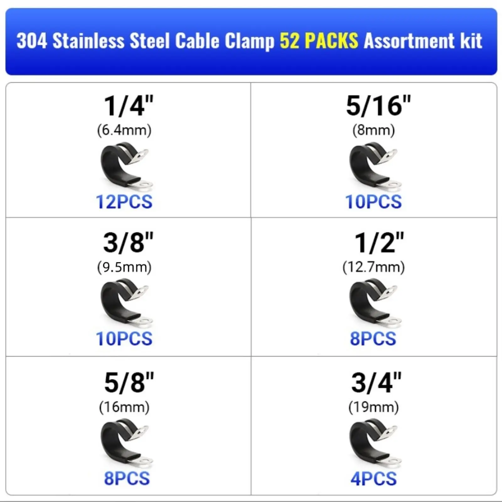 52Pcs 304 Stainless Steel Rubber Cushioned Cable Clamp Kit Wire Hose Pipe Clips Assortment for Auto Marine Industrial