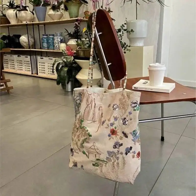 Floral Canvas Handbag Women Large Capacity Sequined Embroidery Shoulder Ladies Landscape Pattern Elegant Tote Bag