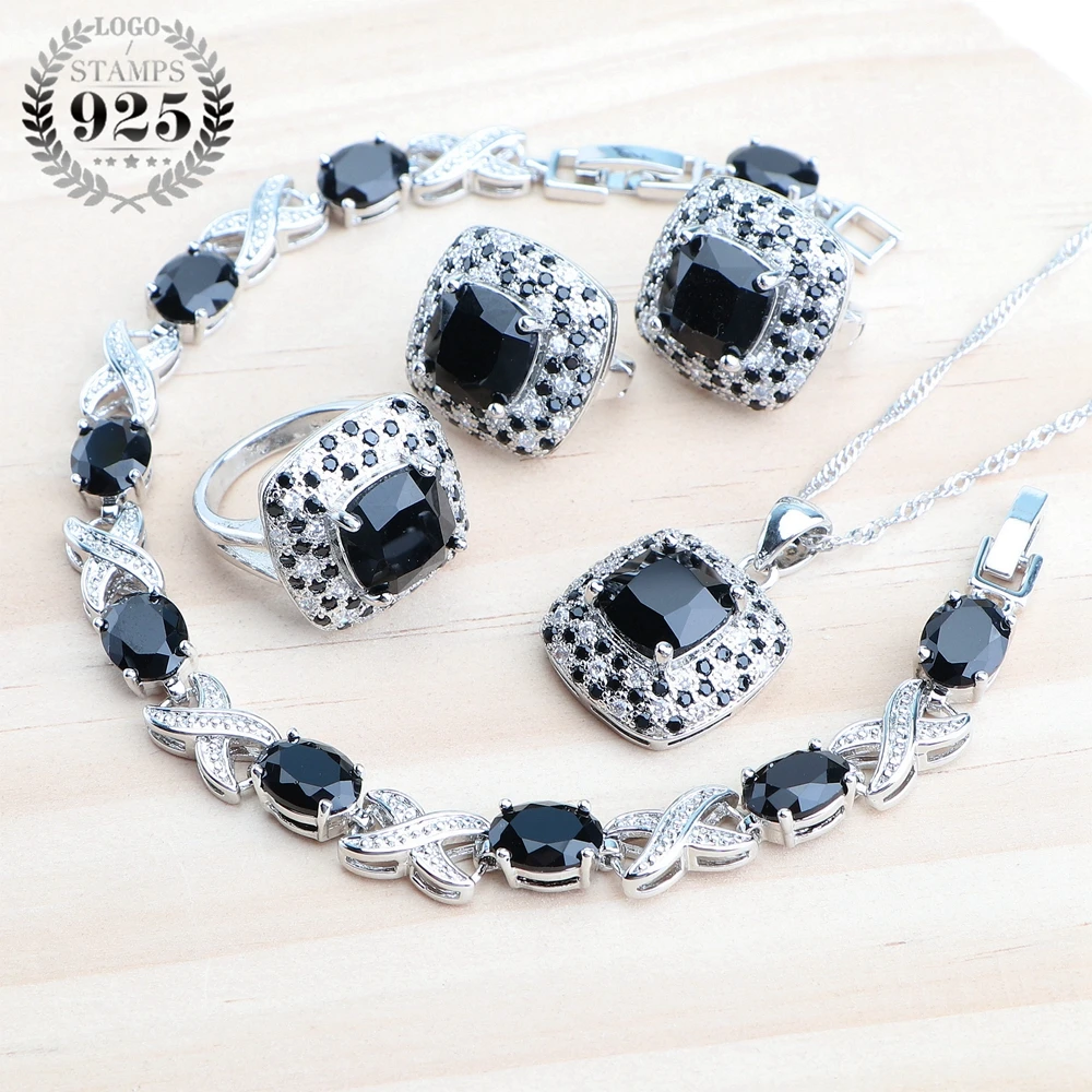 Wedding Jewelry Sets Silver 925 Jewelry For Women Bridal Ring Costume Black Zircon Earrings Pendant Necklace Stone Bracelets Set