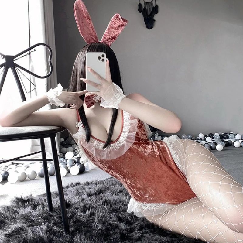 

Women Lingerie Exotic Sets Stocking Mesh Nightwear One-piece Bodysuit Rabbit Ear Headband Bunny Girls Cosplay Role Play Uniform