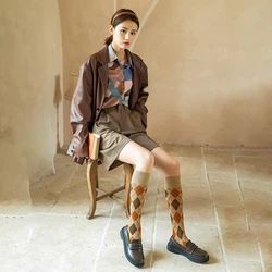 Coffee color Diamond plaid pattern Knee socks women ins new fashion Party Queen knee-high stockings Over Knee long ladies girls