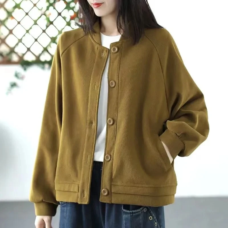 

Spring Autumn Female Short Hoodie Cardigan Jacket Women Leisure Long Sleeved Stand-up Collar Loose Fit Hoodie Top SweatshirtCoat