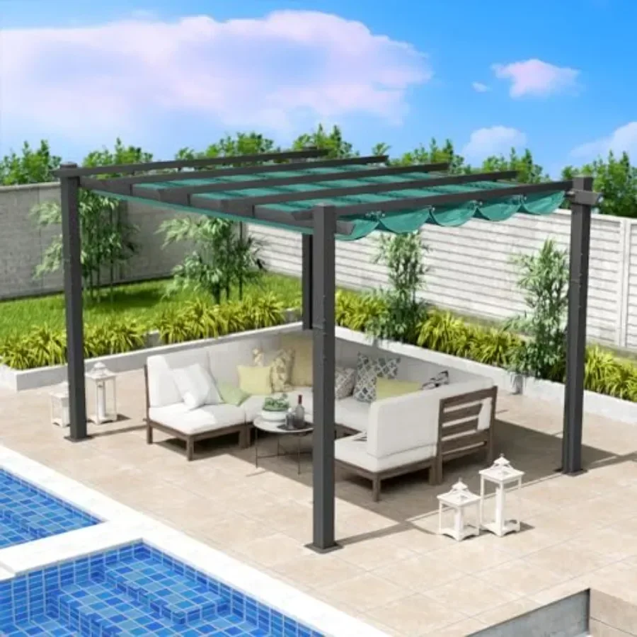 Morgan Outdoor Retractable Pergola with Sun Shade  Patio  Pergola Shelter for Backyard Deck Garden Modern Metal Grill Gazebo 10