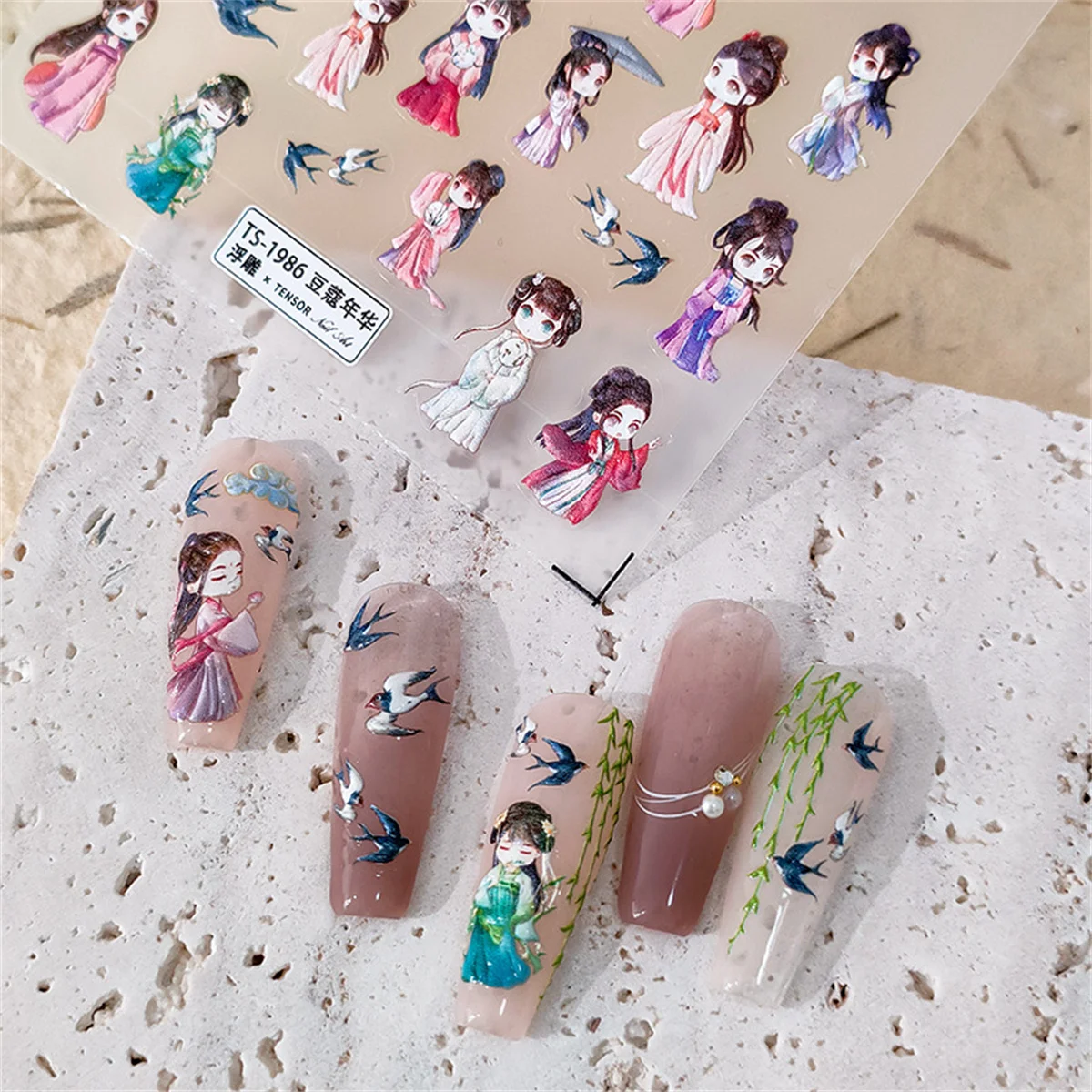 1pcs 5D Relief Kawaii Chinese Styles Nail Art Stickers Young Girl Self Adhesive Transfer Nail Decorations Slider Decals Ornamen