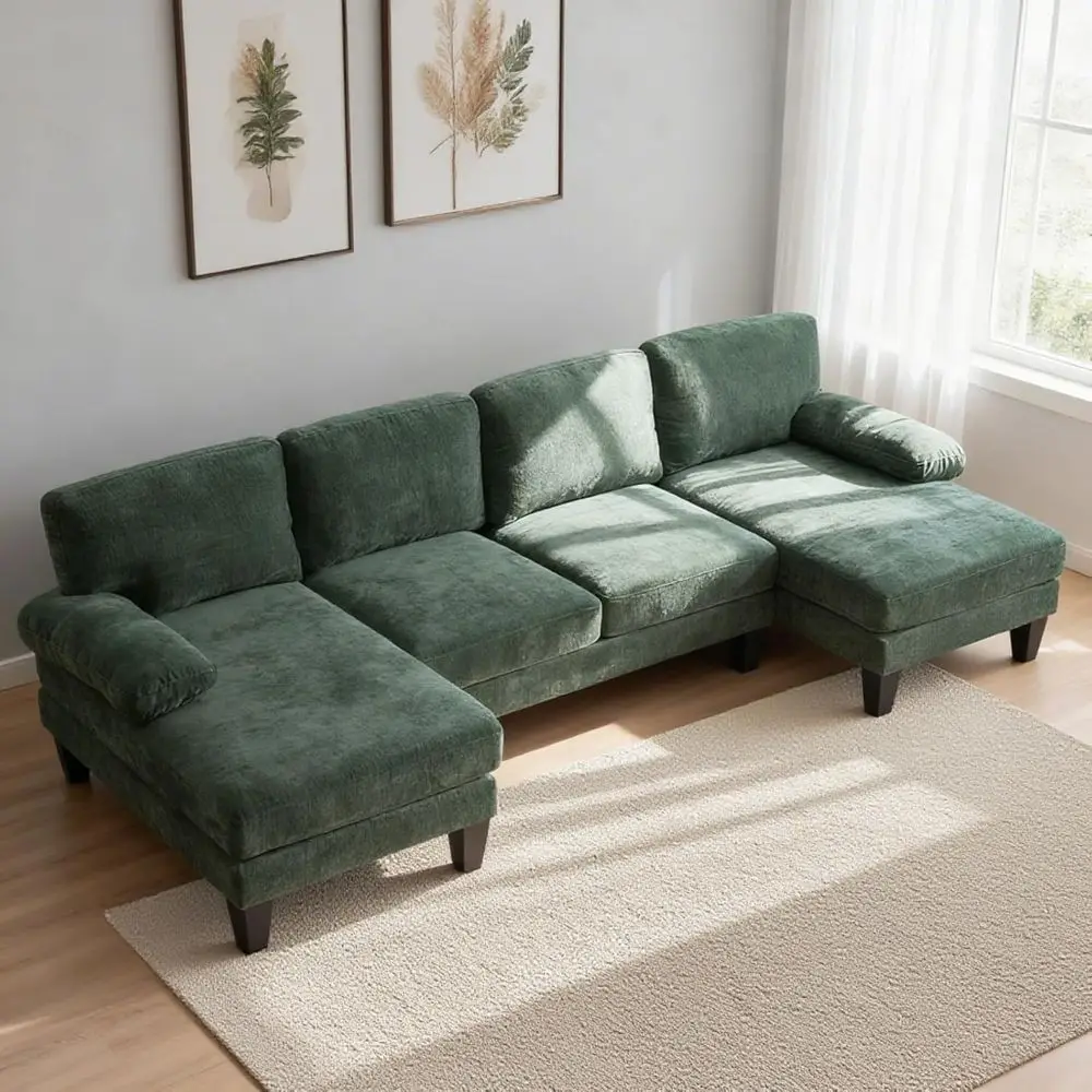 

4-местный секционный диван U-образной формы с шезлонгом, синельной тканью и ножками под дерево для гостиных