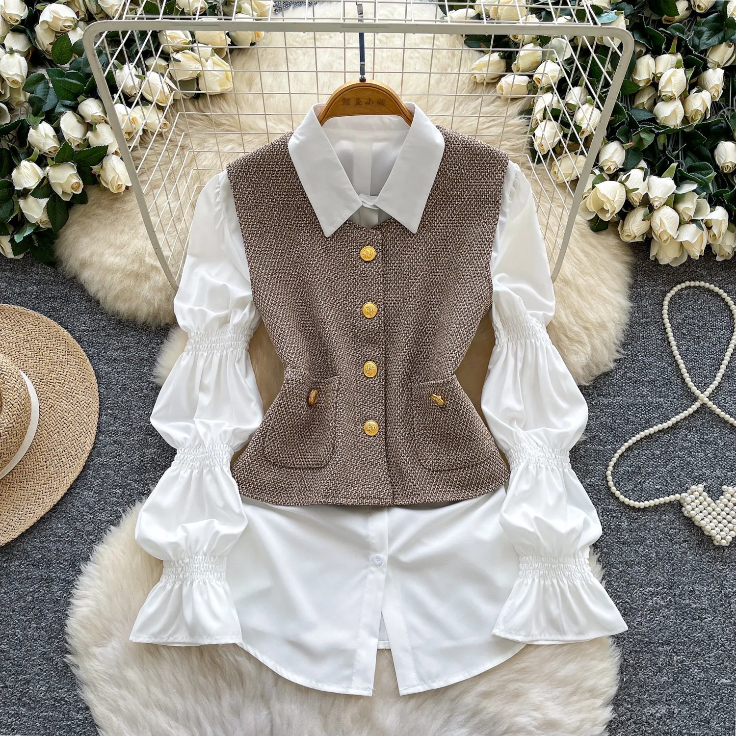 

Women Two Pieces Tank Top Sets Solid Matching Set Lantern Sleeves Shirt Sleeveless Vest Loose Office Lady Casual 2026 Spring