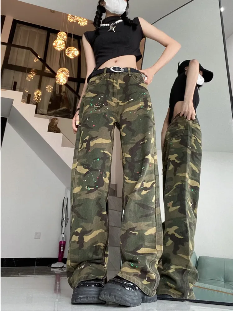 Loose Splashed Ink Speaker Camouflage Pants Trendy Hip-hop Vintage Versatile Work Clothes Pants Wide Leg Pants Women's Jeans