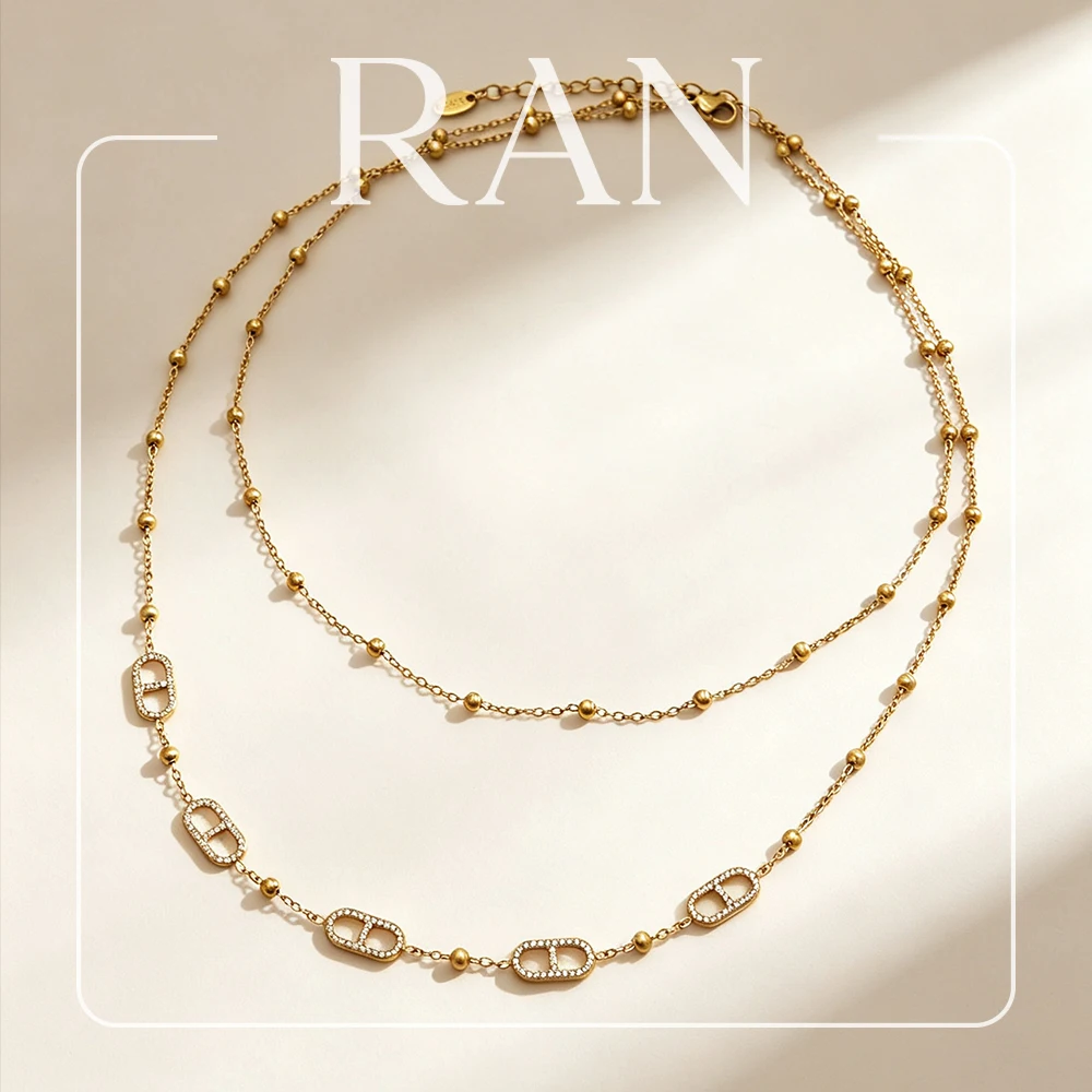 Stainless Steel Double Layer Pig Nose Necklace for Women 18K Gold Plated Mariner Link Beaded Chain Necklaces Statement Jewelry