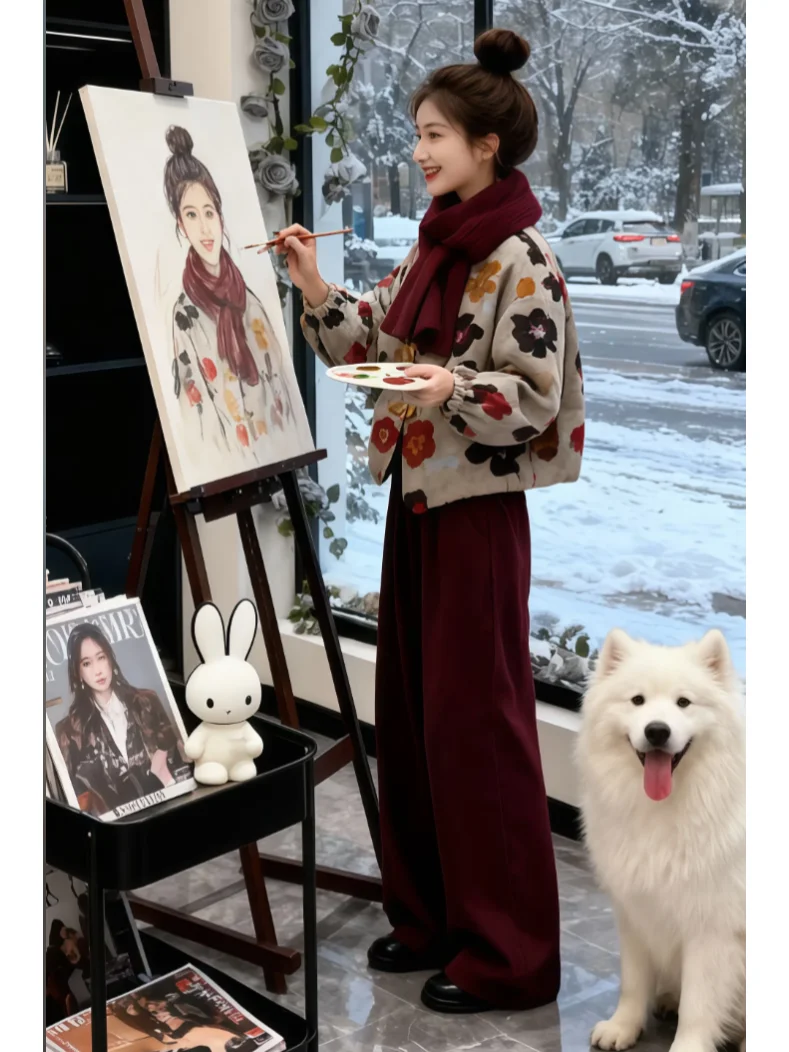 

Faionable Women's Cotton Jaet with Button Design And Casual Pants Two-Piece Set Ele Age-Defng Autumn Winter Outfit