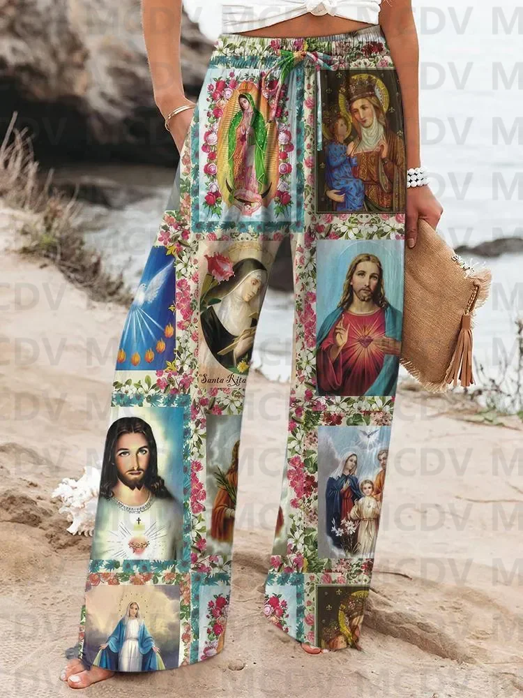 Pantalones informales de lino con estampado artístico de sardinas de pescado Vintage para mujer