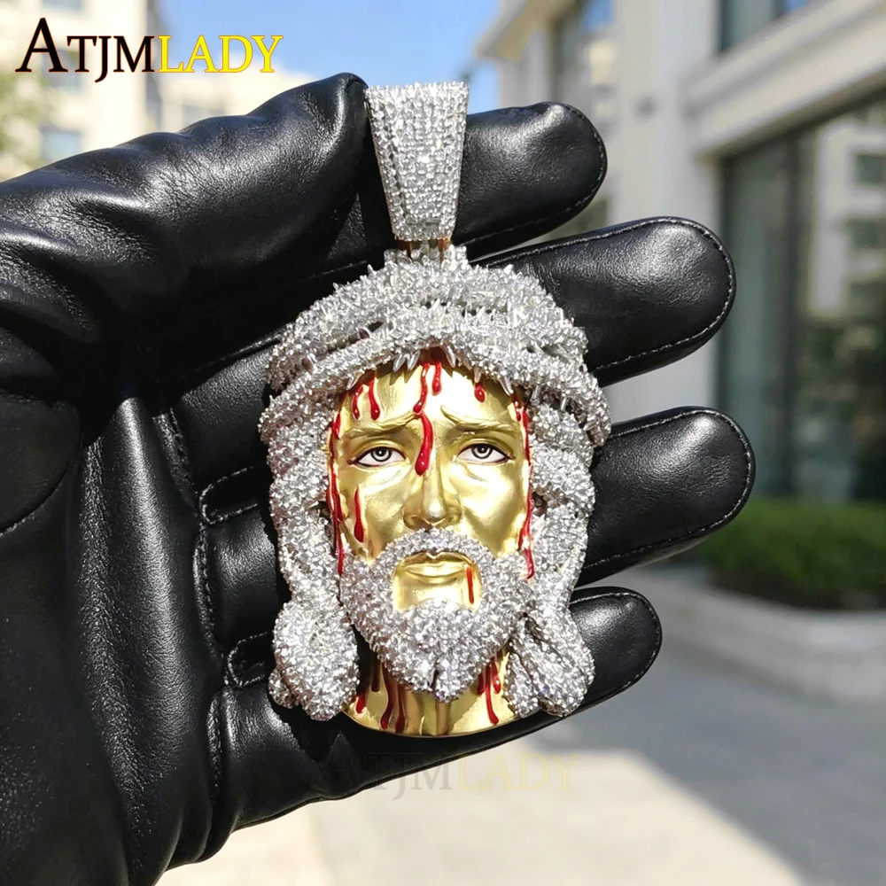

Iced Out Ratten Jesus Necklace Pendant Micro Pave Bling 5A CZ for Men Prong Setting Cubic Zirocnia Hip Hop Red Enamel Jewelry