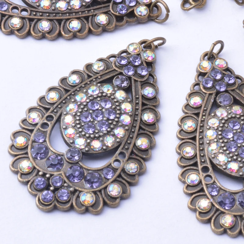 6pcs/lot Alloy Antique Bronze Purple Rhinestone Charms Big Ear Pendant DIY  Jewelry Making Earrings