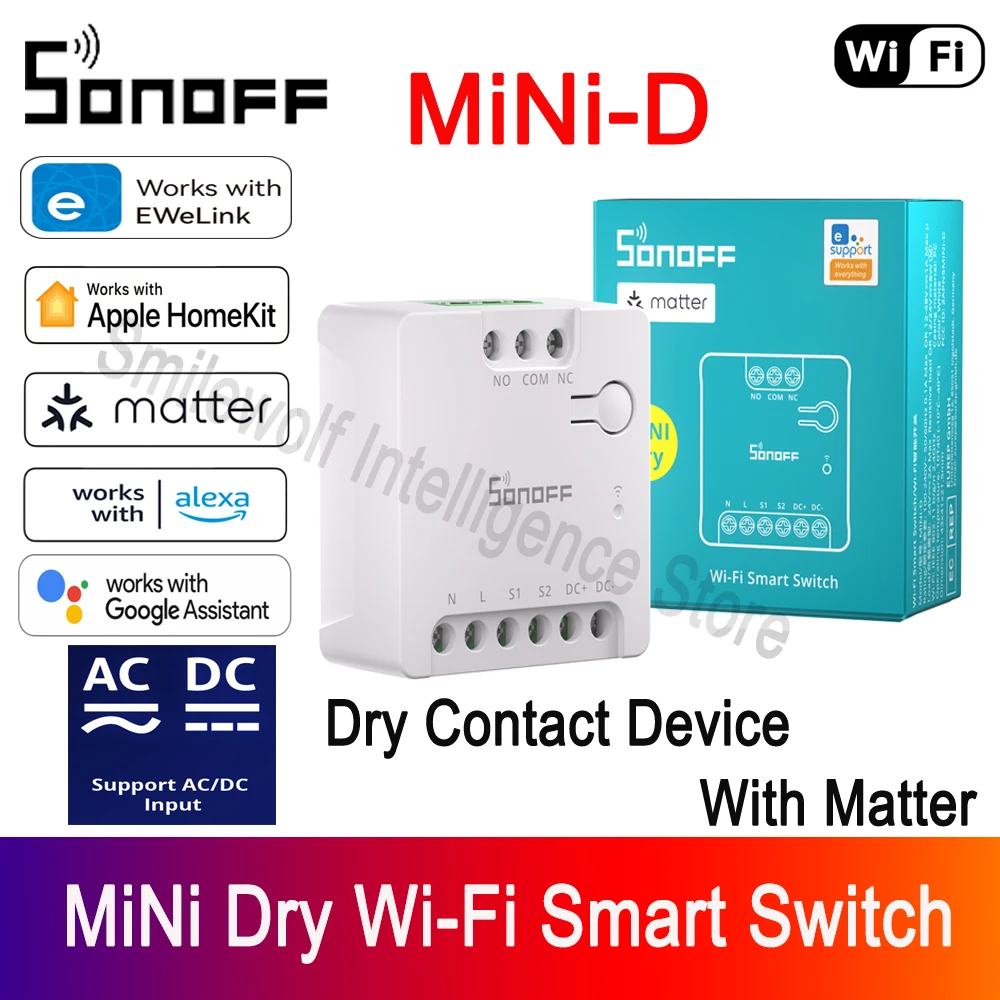 SONOFF MINI-D Wi-Fi Smart Switch First MINI Dry Contace Relay Device with Matter Supports AC/DC Power Supply Contactor Control