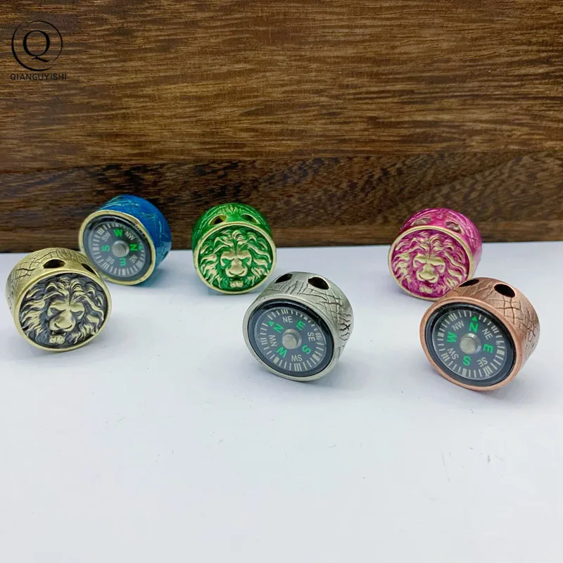 Brass Lion King compass  Knife Pendant Beads Creative Copper Car Keychains Umbrella Rope Bead EDC Outdoor DIY Paracord Pendant