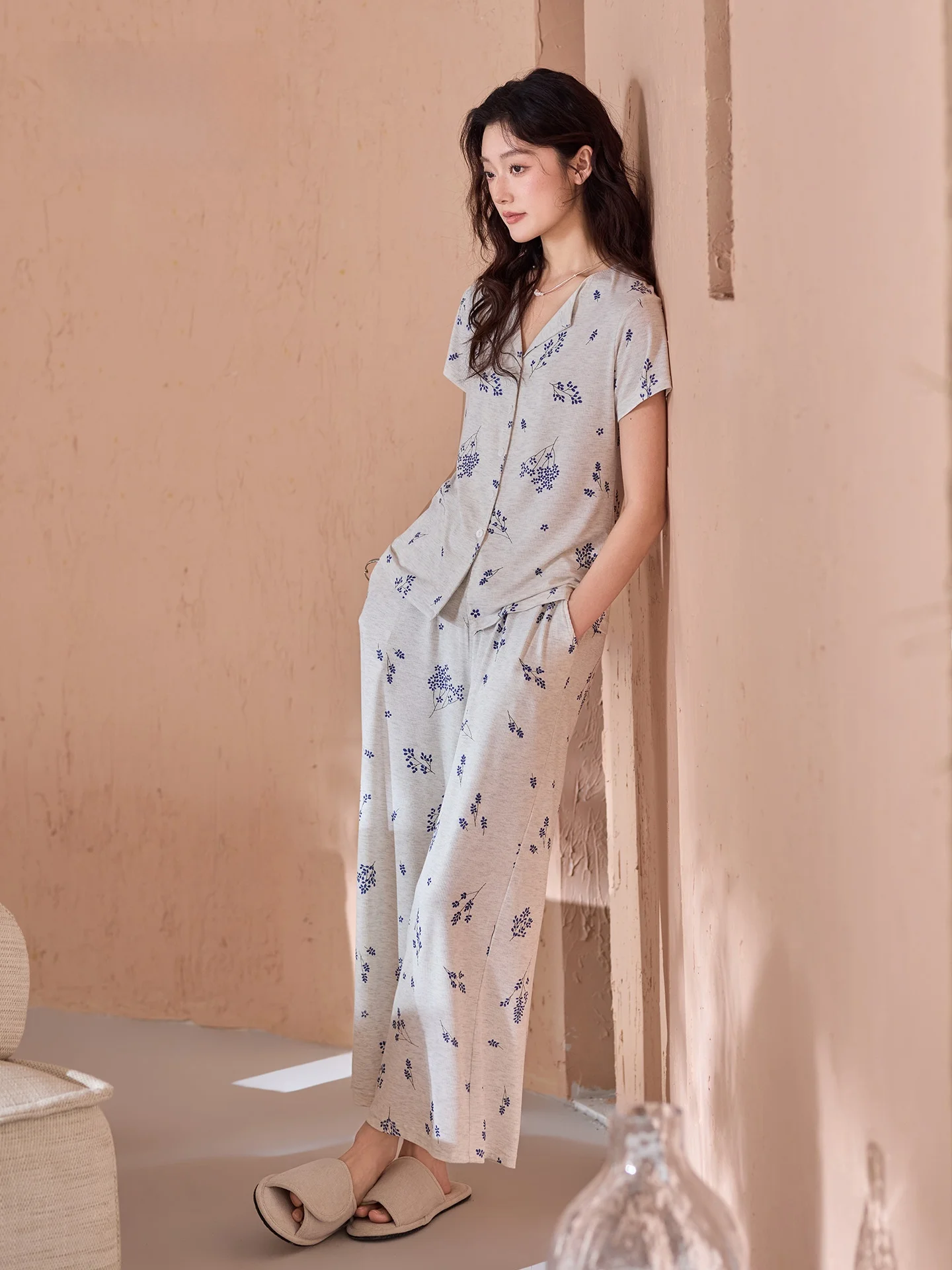 hua-xiao-color-belted-sleepwear-women's-summer-rayon-cotton-short-sleeve-floral-print-home-clothes-slimming-set-v-neck-wide-l