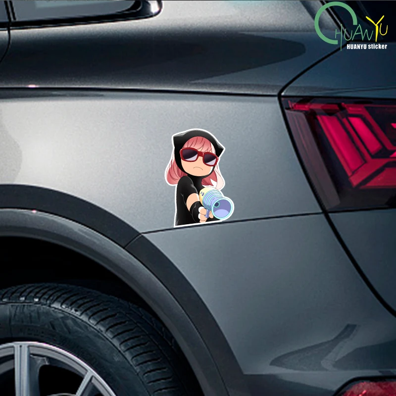 SPY DAMILY Cute Ania Vinyl PVC Reflective Fun Car Stickers with Guns Car Windows Motorcycle Bumper Stickers