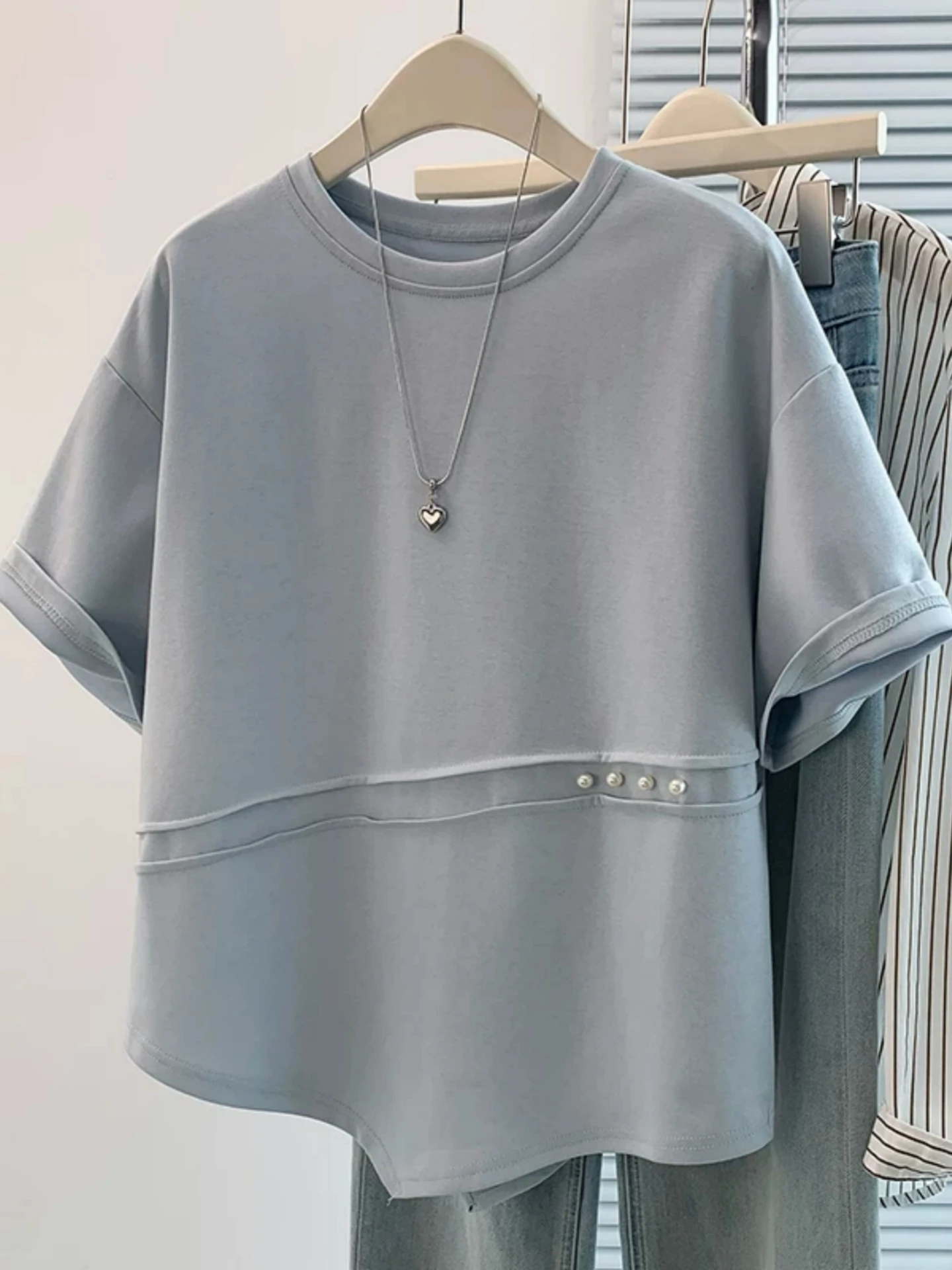 Summer Slim Fit Short Sleeve T-Shirt Women's Base Shirt Irregular Beading Commute Style High Waist Pearl Detailing Korean Ver...